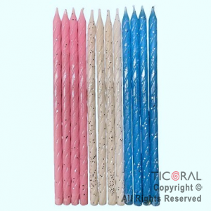 VELA 12 CM ESPIRAL COMBINADA CON PORTAVELA ROSA BLANCO CELESTE BRILLO x 12